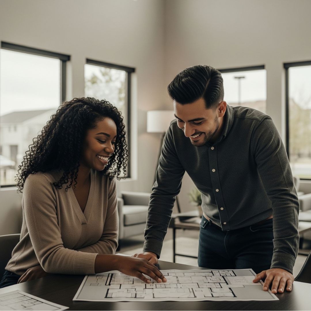 people looking at floor plans