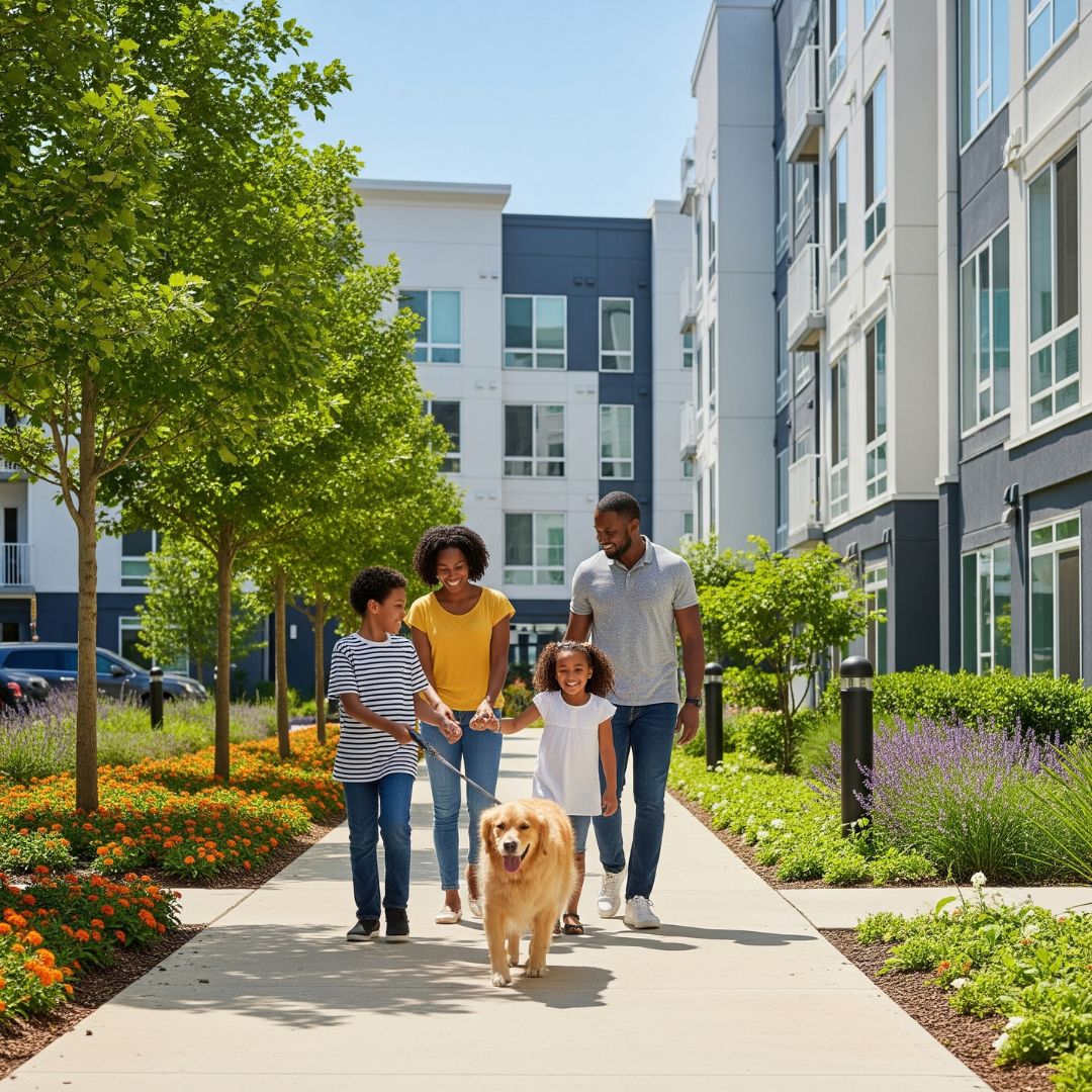 a family walking their dog