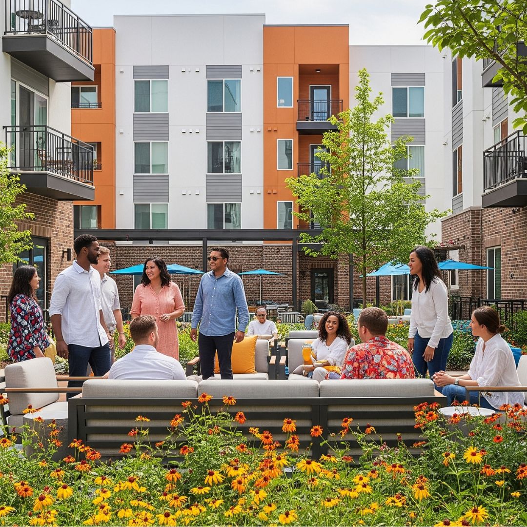 a group at a seating area of an apartment