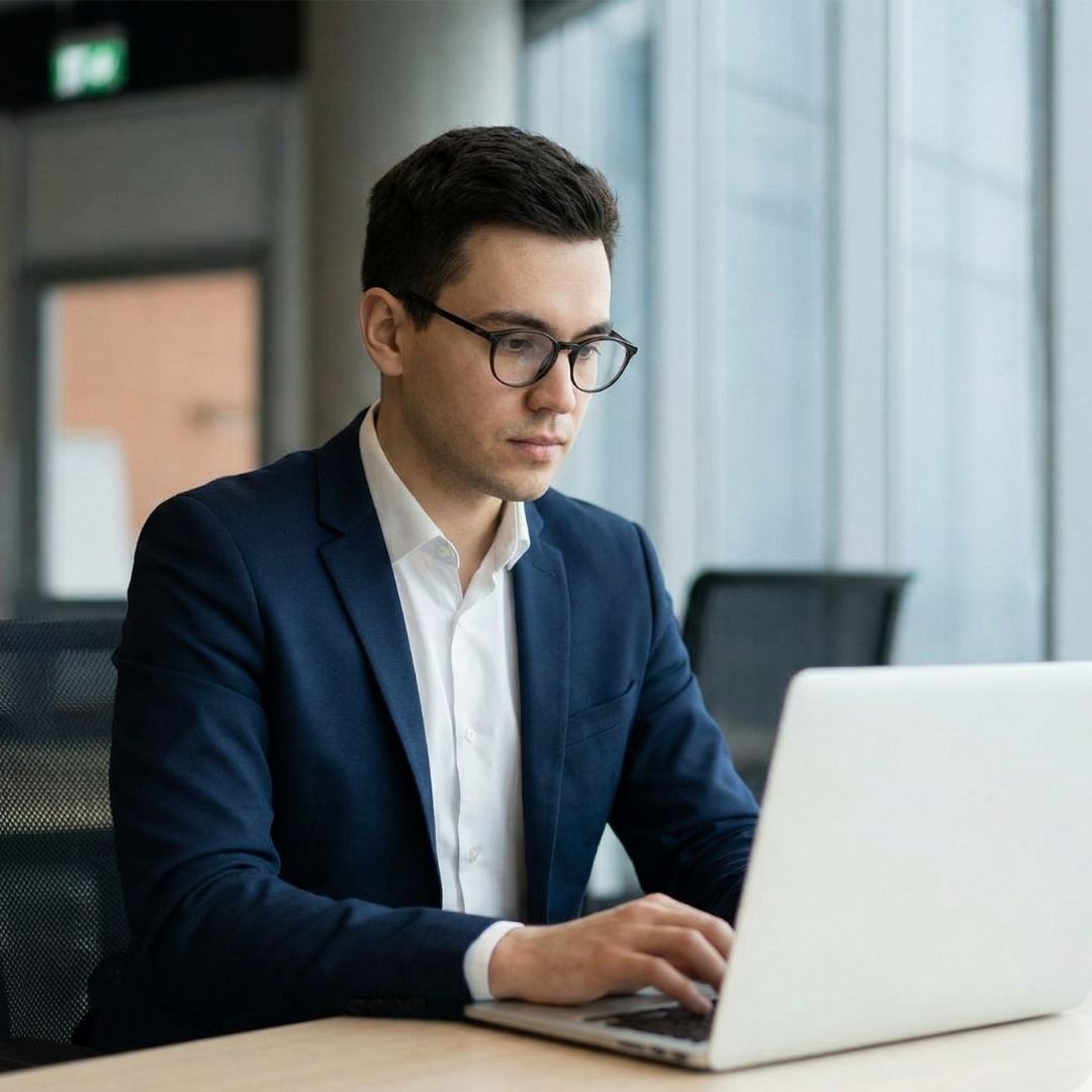 A person focused, working on a laptop within a quiet, professional business center.