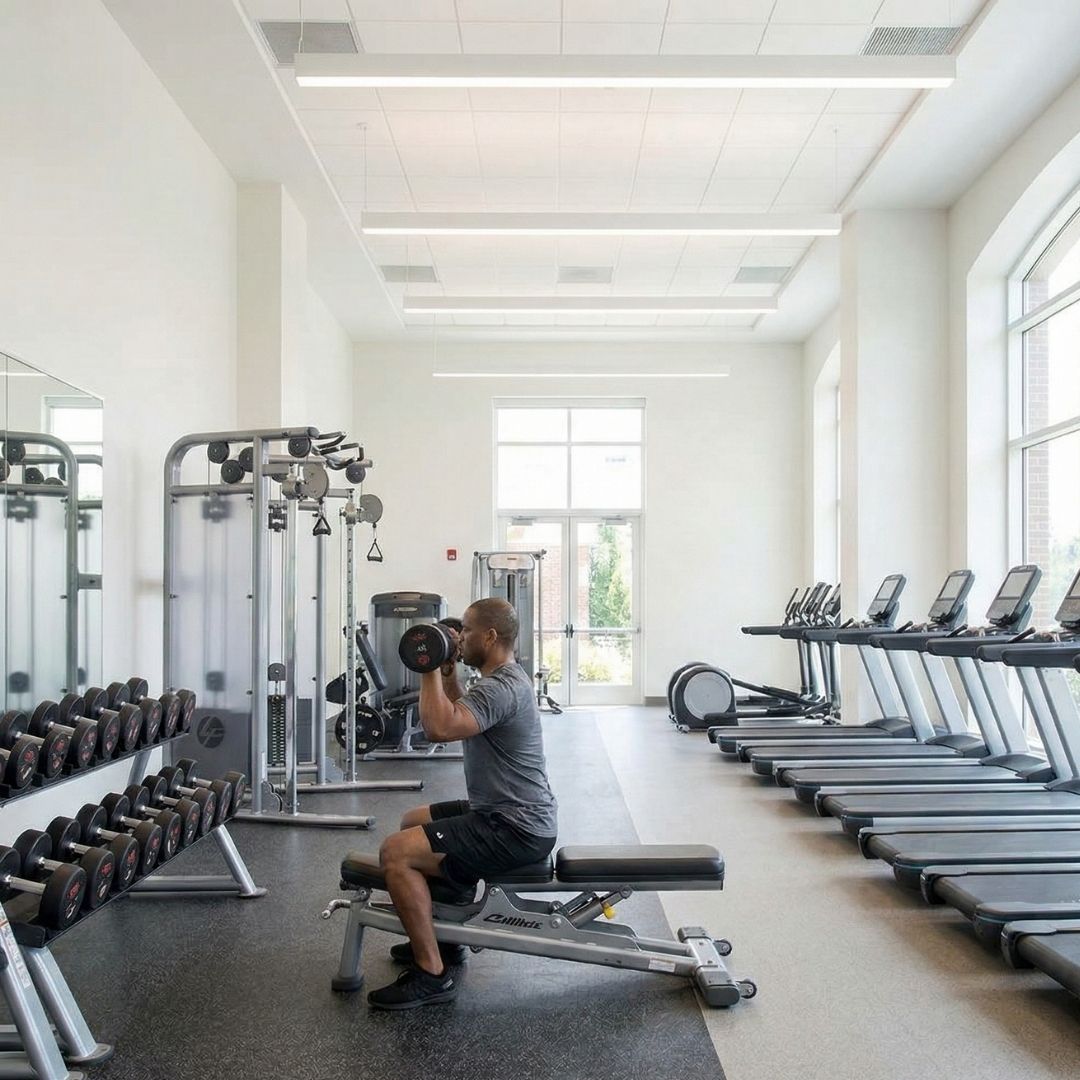 A resident lifting weights in a brightly lit, modern fitness center.